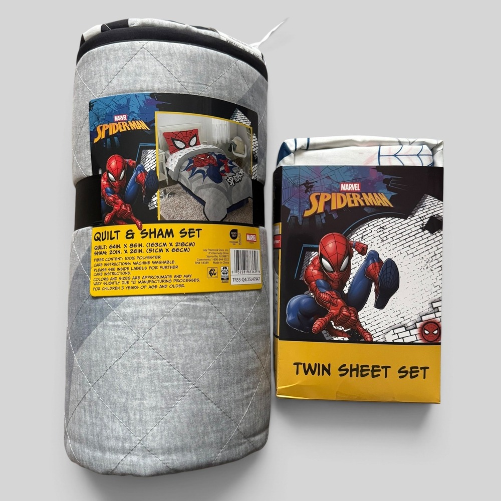 Marvel Spider-Man Twin Quilt Sham & Sheet Set 5-Piece Bedding Bundle Grey New
